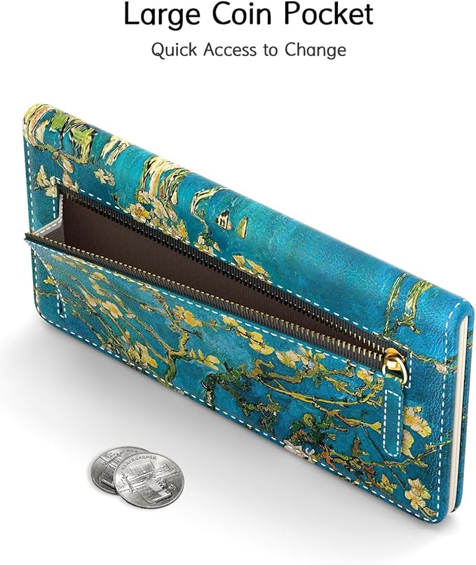 Nipichsha Womens Wallet, RFID Slim Wallets for Women, Thin Ladies Credit Card Holder Purse, Cute Leather Bifold Clutch Billfold with 11 Card Slots & ID Window, Van Gogh Almond Tree