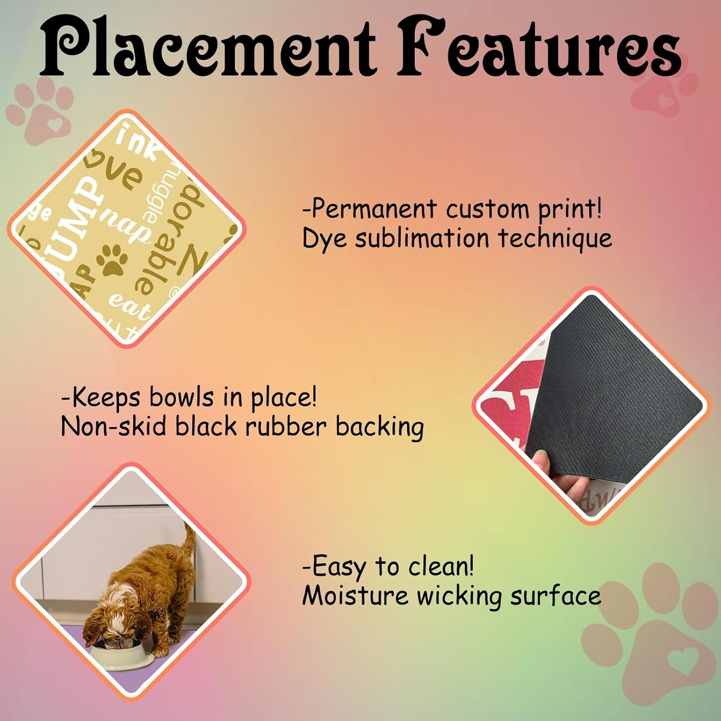 Personalized Dog Cat Feeding Mat Custom Pet Food Mat Waterproof Non-Slip Customized Puppy Name Photo Placemat Dish Rug Floor Protector Gifts for Pets Lover Pattern 5