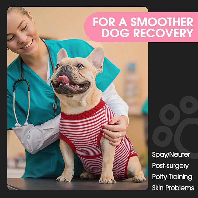 FUAMEY Dog Recovery Suit Male,Dogs Surgery Neuter Suits Puppy Spay Shirts for Female Protect Dog's Skin Anti Licking Abdominal Wounds Doggie Onesie Pet Bodysuit Alternative to Cone Red Stripes XS
