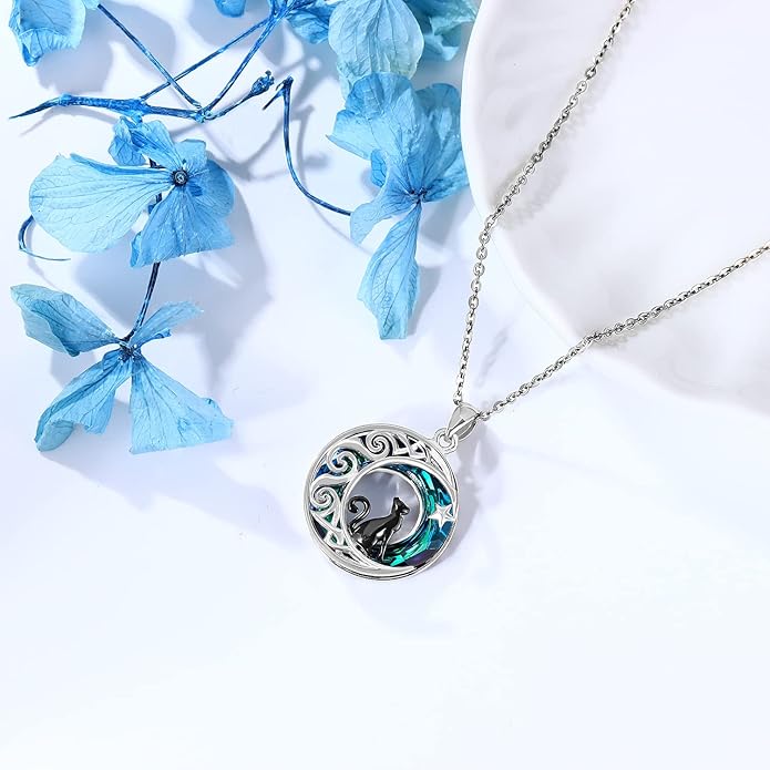 Odinstone Cat Necklace, S925 Sterling Silver Cat on Moon Pendant with Cubic Zirconia, Cat Jewelry Mothers Day Gifts for Mum with Gift Package - I Love You Forever