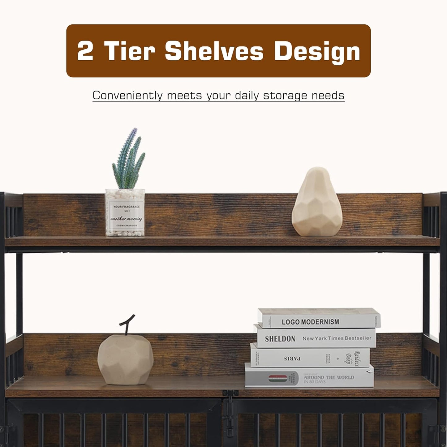 MCombo Furniture Style Dog Crate with Storage Shelves, Heavy Duty Wooden Dog Cage End Table, Triple Doors Pet House Indoor, 1368 (Brown)