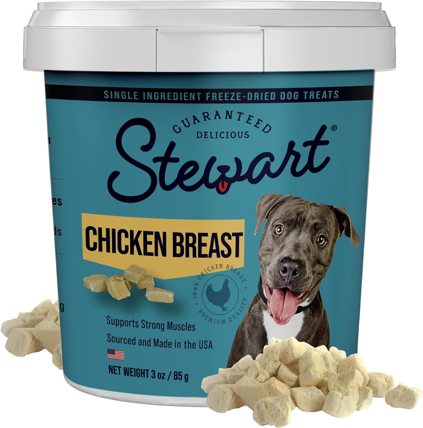 Stewart Single Ingredient Freeze Dried Raw Dog Treats, Chicken Breast, 3 Ounce, Approx. 55 Pieces per Resealable Tub, Training Treats or Meal Topper, High Protein, Grain Free, Gluten Free
