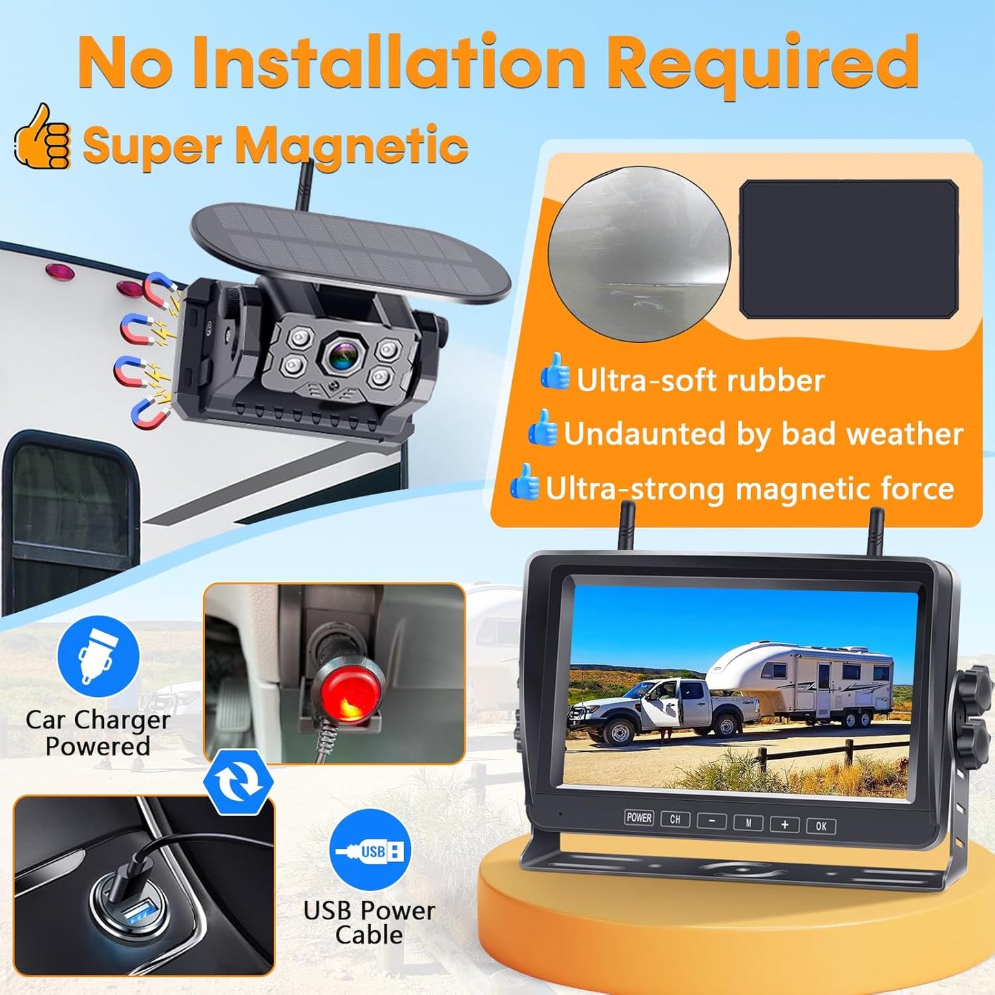 Dual RV Backup Camera Wireless with Magnetic - Recording 1080P HD Solar Rear View Camera Install-Free 7 Inch Touch Button Monitor No-Delay Signal for Truck Trailer YWD-902