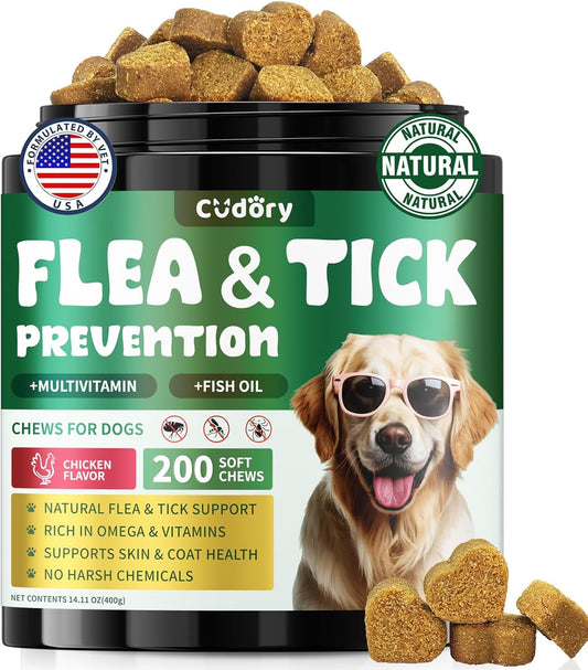 Flea and Tick Prevention for Dogs, 200 Natural Soft Chewables Flea and Tick Support with Vitamins & Fish Oil, Oral Flea Chews Supplement for Dogs -All Breeds, Puppy to Senior Dog, Chicken Flavor