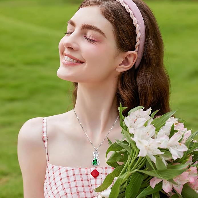 Odinstone Cat Birthstone Necklaces Jewelry Sterling Silver Cat Pendant Necklace Gift for Women Gifts, 18'' Silver Box Chain Women's Birthstone Crystal Cat Jewelry Gifts