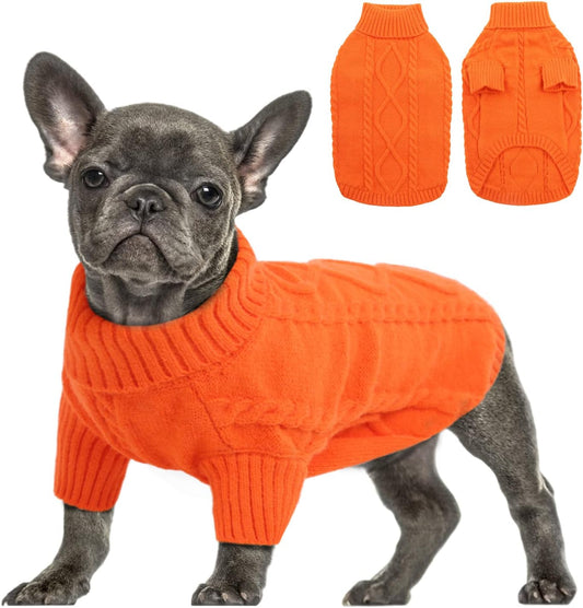 Queenmore Small Dog Pullover Sweater, Cold Weather Cable Knitwear, Classic Turtleneck Thick Warm Clothes for Chihuahua, Bulldog, Dachshund, Pug (Orange, Large)