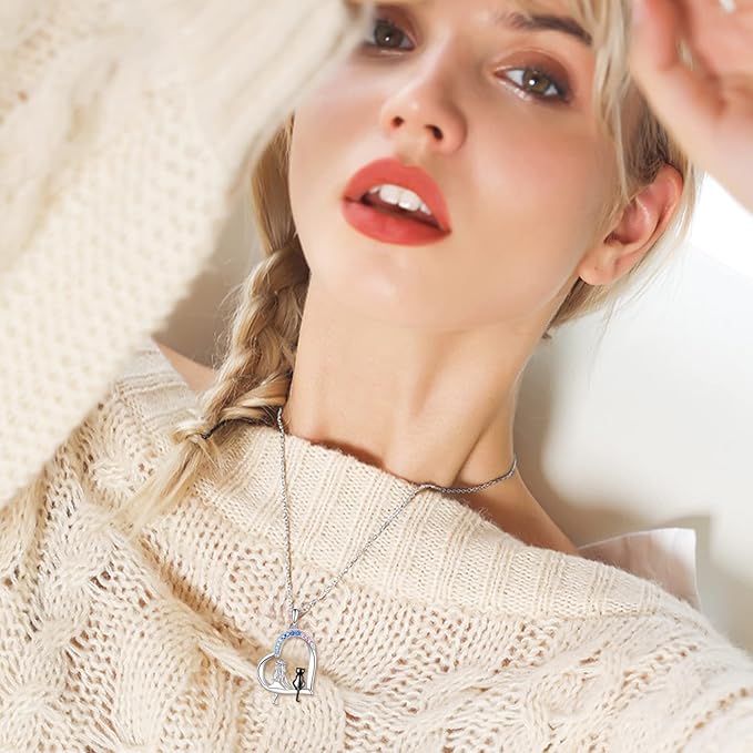 LUHE Cat Necklace Gifts 925 Sterling Silver Black Cat Heart Pendant Necklace Jewelry for Women Daughter