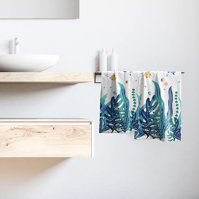 Sea Turtle Hand Towels Set of 2 Marine Seaweed Bath Fingertip Towel Soft Decorative Washcloth Guest Face Towel Kitchen Tea Dish Towels