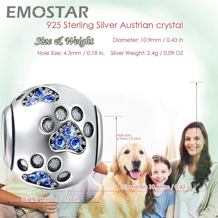 EMOSTAR Dog Paw Print Charms with Various Birthstone Crystals, 925 Sterling Silver Pawprint Beads for 3mm Snake Chain, Pet Lover Gifts for European Women Bracelet
