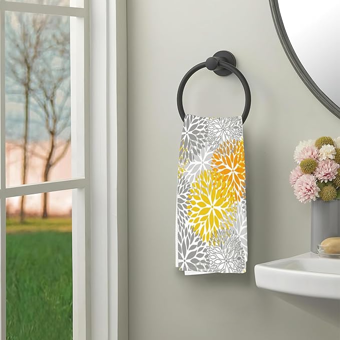 Orange and Grey Flowers Bath Hand Towels for Bathroom Decorative,Dehlia Flowers Soft Absorbent Hand Towels for Kitchen Home Gym Beach 16"x24"