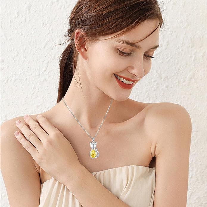 Odinstone Cat Birthstone Necklaces Jewelry Sterling Silver Cat Pendant Necklace Gift for Women Gifts, 18'' Silver Box Chain Women's Birthstone Crystal Cat Jewelry Gifts