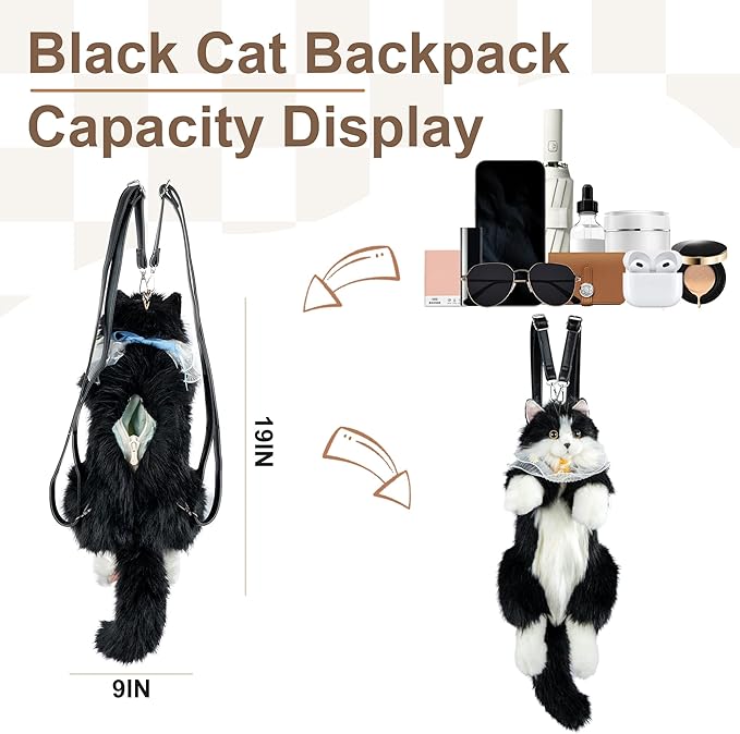 Chongker Stuffed Animals Backpack - Cute Cat plush Backpack Toy, Handcrafted Realistic Cat Shaped Backpack, Heartwarming Surprise Idea, Companionship Stuffed Cat, Large Black Cat