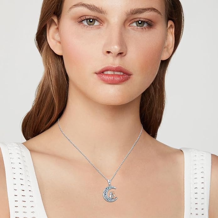 Odinstone Cat Necklace, S925 Sterling Silver Cat on Moon Pendant with Cubic Zirconia, Cat Jewelry Mothers Day Gifts for Mum with Gift Package - I Love You Forever
