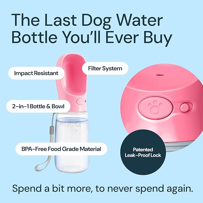 MalsiPree Dog Water Bowl Dispenser - 12 Oz, Pink - Portable Dog Water Bottle & Travel Pet Bowl - Leak Proof