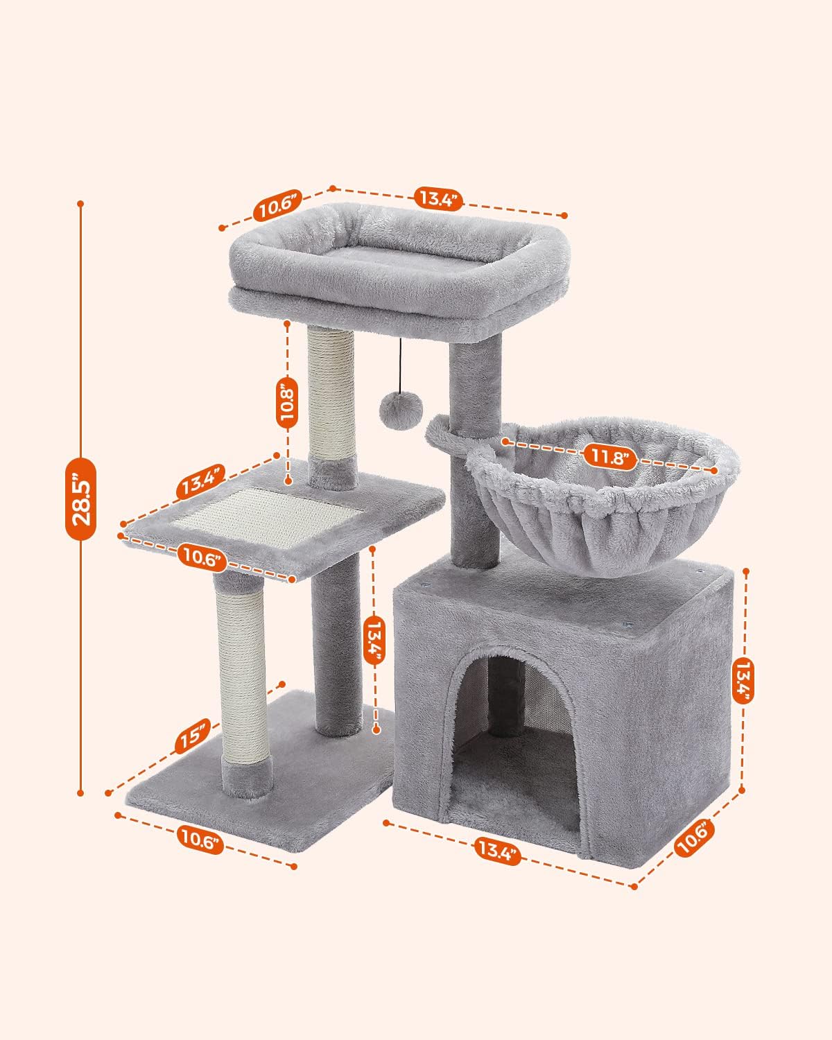 PEQULTI Small Cat Tree, [28.5''] Cat Tower for Indoor Cats, 2 Styles Activity Tree with Cat Scratching Posts, Big Hammock and Removable Top Perch Grey