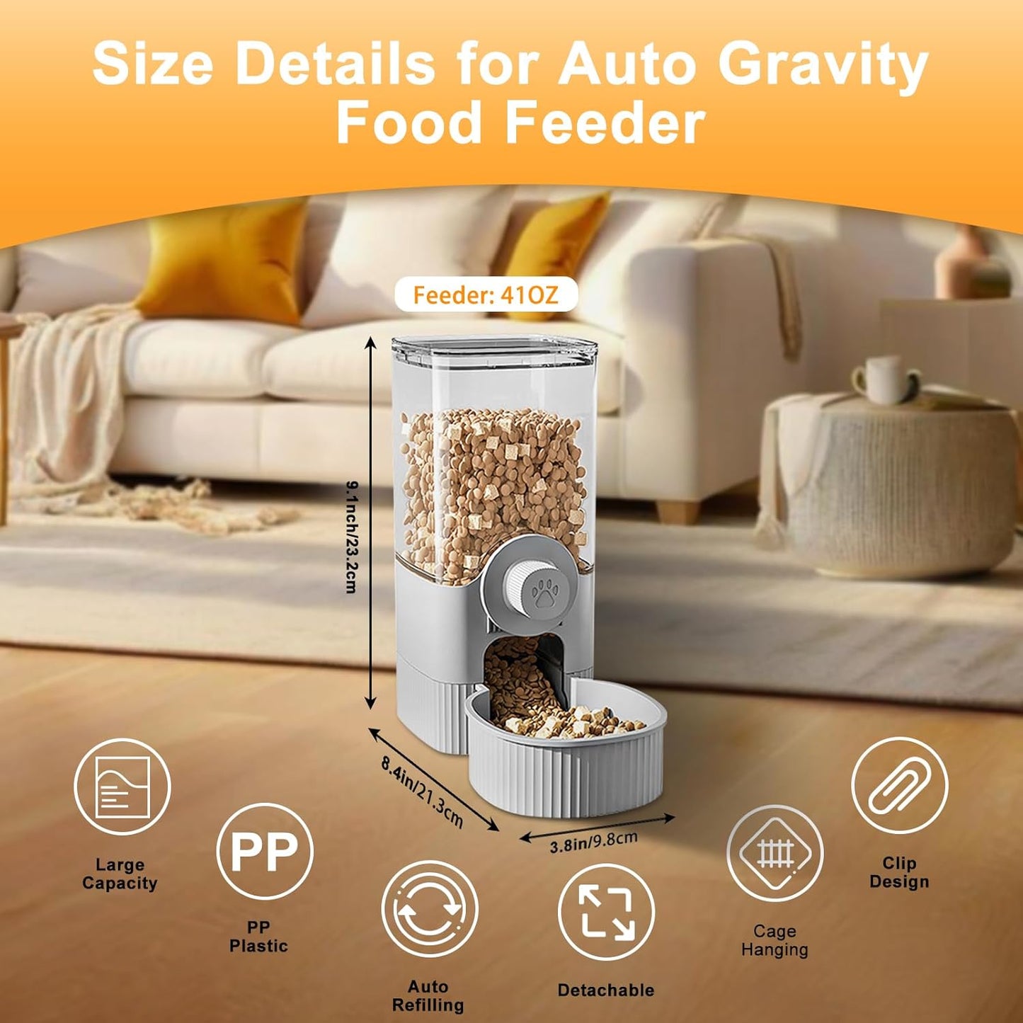 Auto Gravity Food Dispenser for Cage Hanging, 41OZ Capacity Hanging Automatic Pet Cage Feeder, Food Bowl for Cats Dogs Rabbit Ferret Chinchilla Bird Hedgehog Guinea Pig (Grey)
