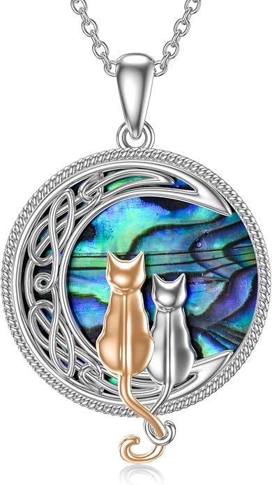 TOUPOP Cat Necklace Sterling Silver Abalone Shell Celtic Cat on the Moon with Abalone Shell Birthday Christmas Jewelry Gifts for Women