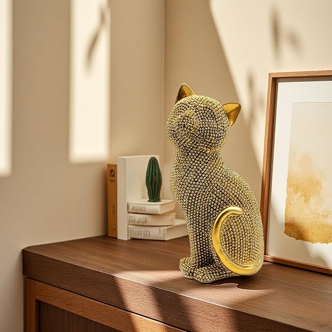 FUNSXBUG Decorative Cat Sitting Statue Art Figurines Sculpture Collectibles Home Office Desktop Decor Outdoor Garden Tabletop Display Decoration (Gold)