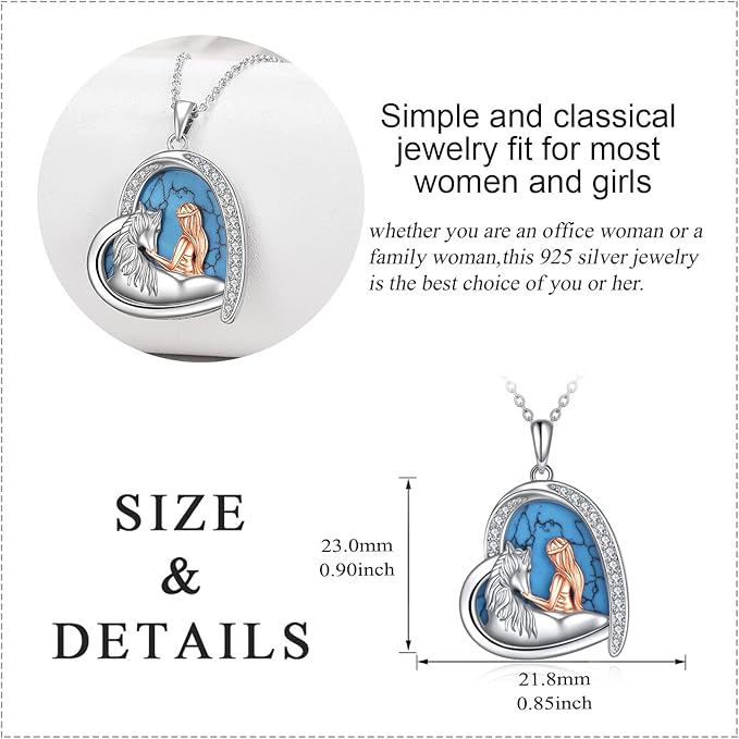 Sterling Silver Turquoise Love Heart Horse Pendant Necklace for Women Horse Lovers
