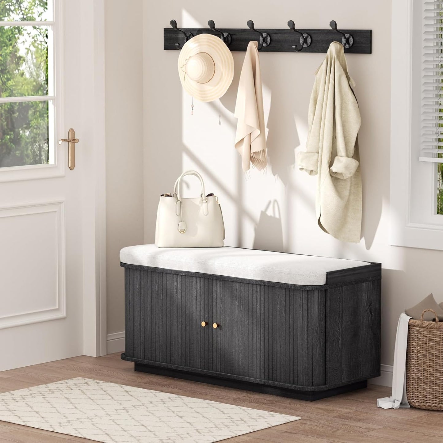 Dark Grey 39.4" W 2-Tier Shoe Bench with Storage | Entryway Bench with Padded Cushion, Sliding Doors & 5 Hooks