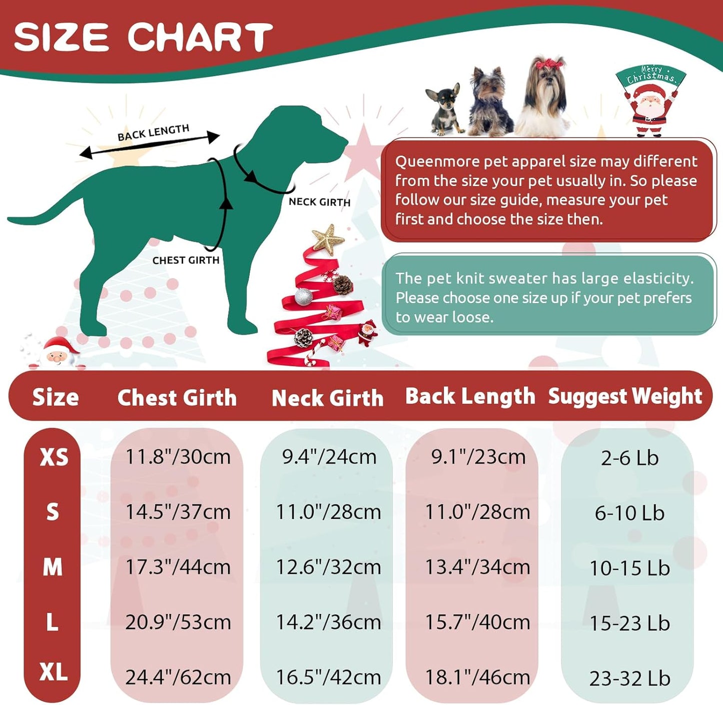 Queenmore Christmas Dog Sweater, Knitted Pullover Turtleneck Outfit, Warm Clothes for Small Dogs Boys or Girls S