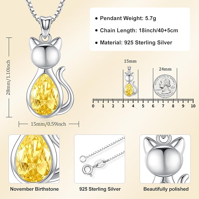 Odinstone Cat Birthstone Necklaces Jewelry Sterling Silver Cat Pendant Necklace Gift for Women Gifts, 18'' Silver Box Chain Women's Birthstone Crystal Cat Jewelry Gifts
