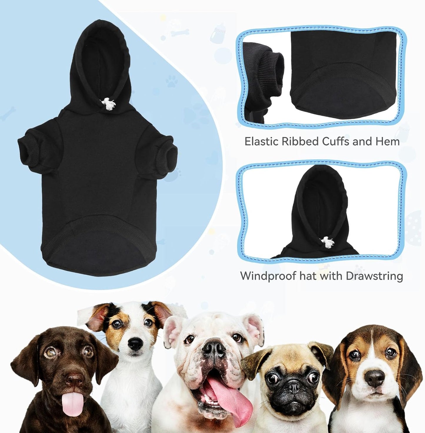Dog Hoodie Sweater - Soft Solid Brushed Fleece Dog Clothes with Pocket (Black-Large)