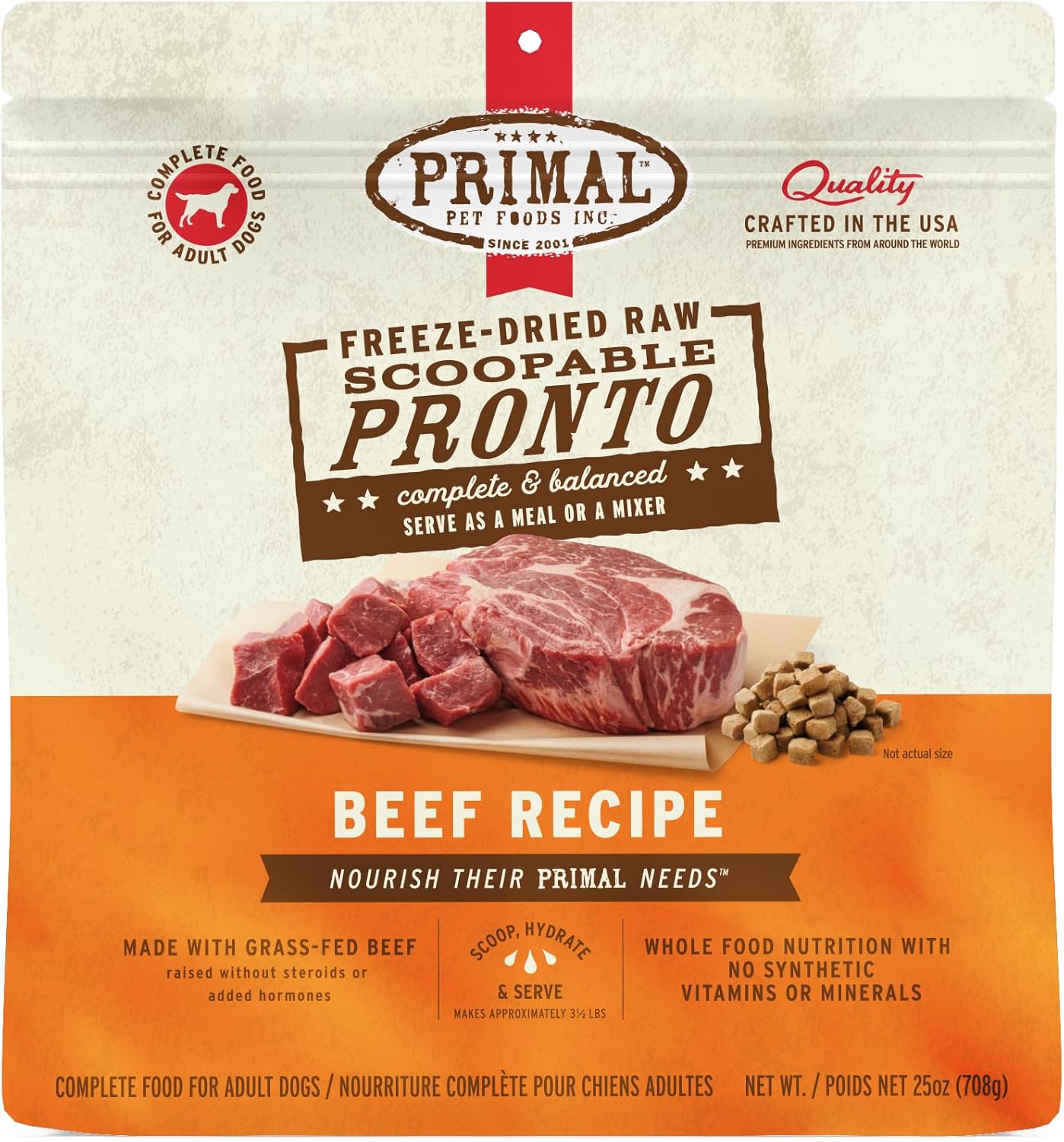 Primal Freeze Dried Dog Food, Pronto Mini Nuggets, Beef; Scoop & Serve, Complete & Balanced Meal; Also Use as Topper or Treat; Premium, Healthy, Grain Free High Protein Raw Dog Food (25 oz)