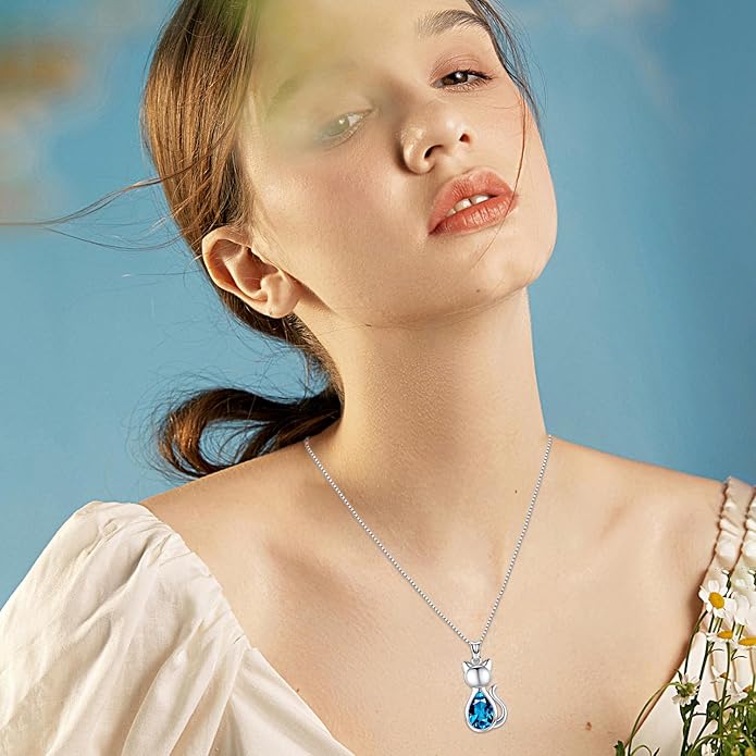 Odinstone Cat Birthstone Necklaces Jewelry Sterling Silver Cat Pendant Necklace Gift for Women Gifts, 18'' Silver Box Chain Women's Birthstone Crystal Cat Jewelry Gifts
