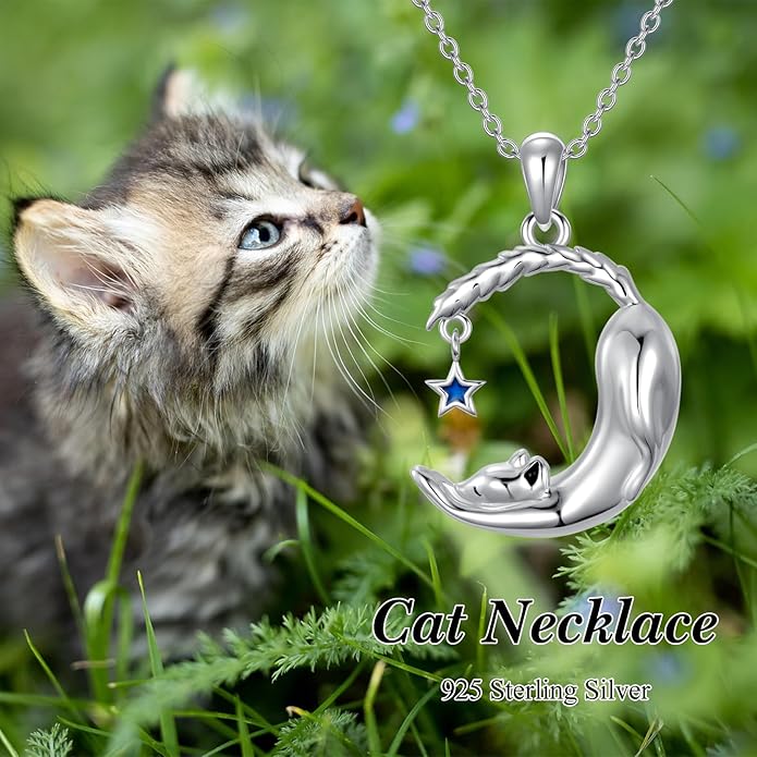 Cat Necklace 925 Sterling Silver Cat Pendant Necklace Cute Animal Jewelry Gift for Women Mother Grandma