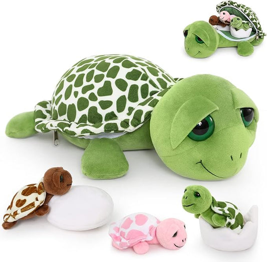 MorisMos Sea Turtle Stuffed Animal with Babies, 14'' Mommy Stuffed Turtle with 3 Babies & 2 Plush Eggs in Tummy, Big-Eyed Sea Tortoise Toys for Kids Toddlers,Sea Stuffed Animals,Tortoise Plush Pillow