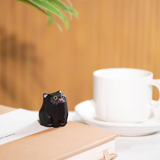 Cute Small Wood Black Cat Figurine, Handmade Carved Statue Home Decor, Unique Figure Collectibles Gift for Cat Lovers