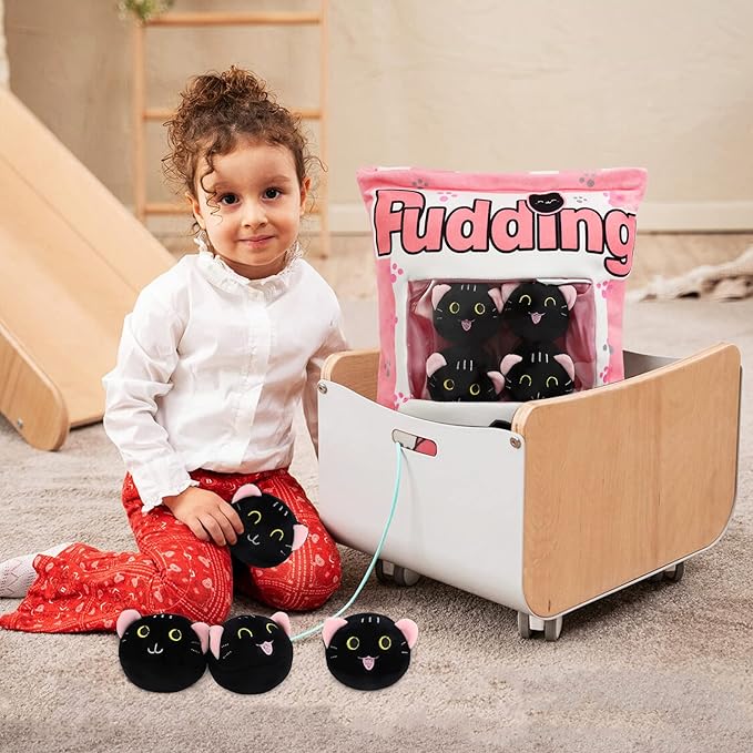 Plush Black Cat Pillow, 8 Cute Removable Stuffed Animals, Kids Sofa Chair Decorative Gift (Pink)