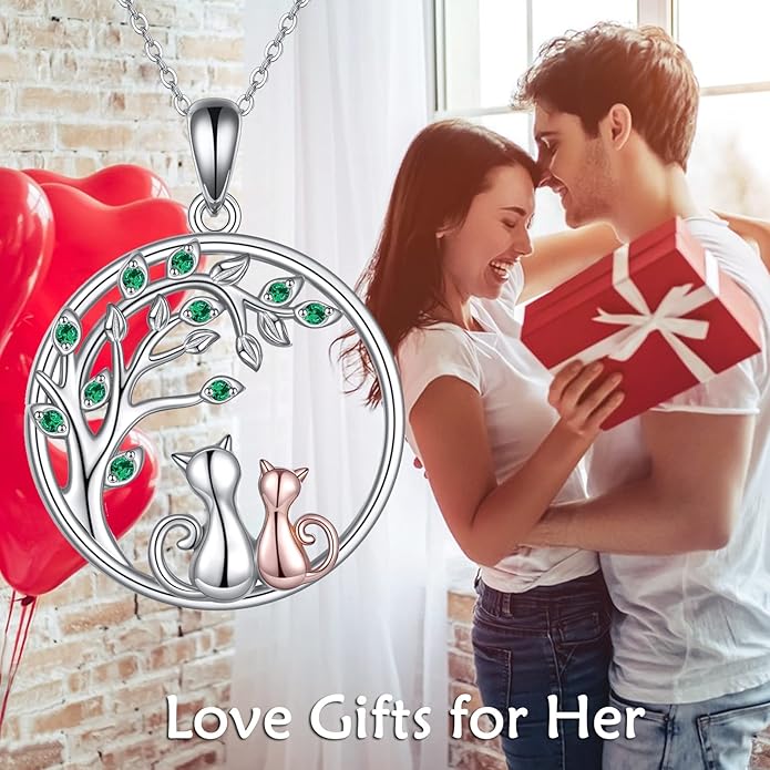 Celtic Moon Black Cat Necklace for Women - Abalone Tree of Life Sterling Silver Cat Lovers Jewelry