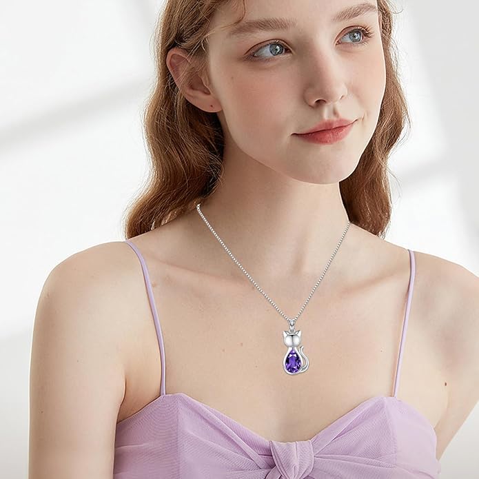 Odinstone Cat Birthstone Necklaces Jewelry Sterling Silver Cat Pendant Necklace Gift for Women Gifts, 18'' Silver Box Chain Women's Birthstone Crystal Cat Jewelry Gifts