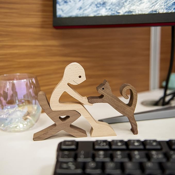 ISHINE Wooden Men and Cat Sculpture, Handmade Animal Figurines, Wood Decor Collectible Figurine for Home Office Natural ECO Friendly