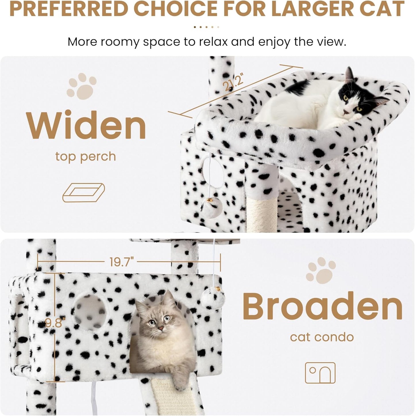 SHA CERLIN 65in Larger Cat Tree Tower Condo for Indoor Kitties/Multi-Level Furniture Activity Center with Wide Base/Cozy Plush Perches/Baskets/Sisal Scratching Posts and Hammock/White & Black Spot