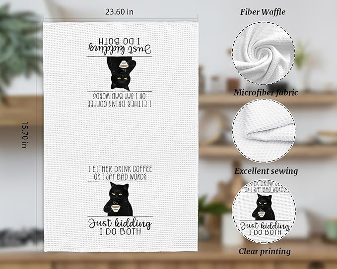 Coffee Kitchen Hand Towels - Black Cat Dish Towels, Bar Accessories Decor, Housewarming Gift for Cat Lovers, 'I Either Drink Coffee or I Say Bad Words' 16x24