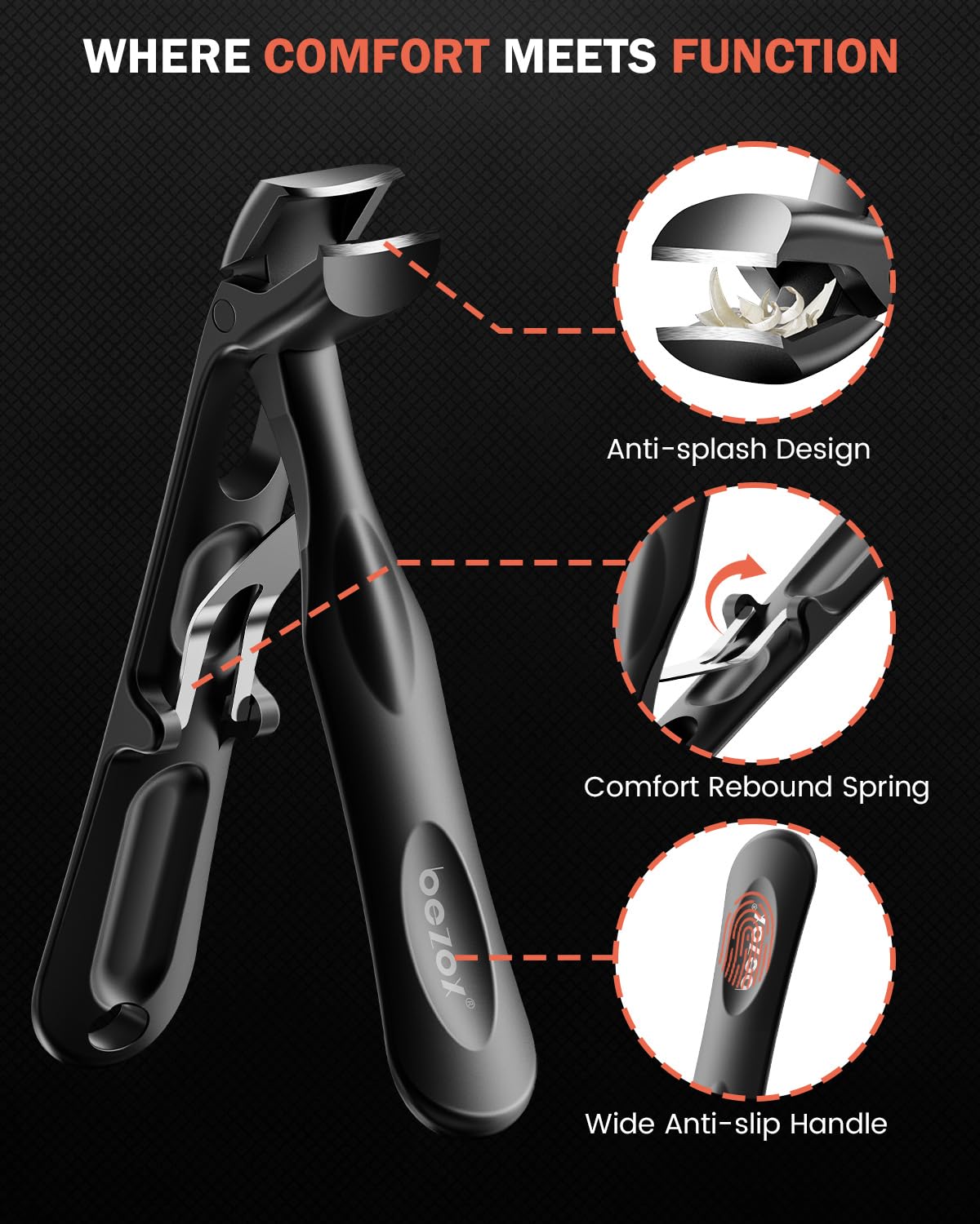BEZOX Angled Toenail Clippers for Thick Toenails – Long Handle Toe Nail Clippers for Thick Nails for Seniors, Wide Jaw & Heavy-Duty Nail Cutters with Catcher - Black