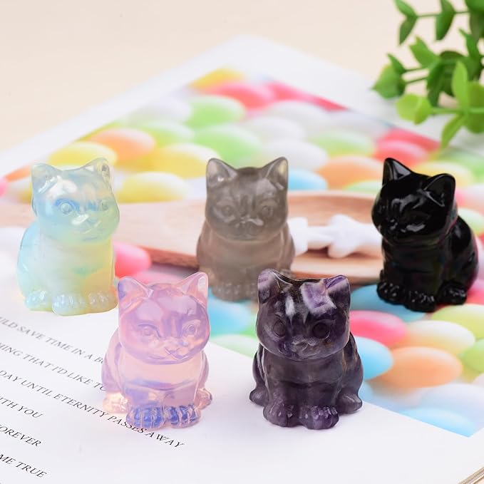 White Opalite Cat Crystal Statues, Healing Crystal Kitty Figurine Decorations, White Cat Gift Lucky Cute Kitten Figurines, Handcrafted Figurine for Home Décor and Spiritual Protection