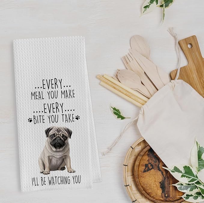 Funny Pug Dish Towels Set - Pug Waffle Weave Kitchen Towels, Pug Decorative Hand Tea Towels for Bathroom Kitchen, Pug Gifts for Pug Lovers (16×24 Inches Set of 2)