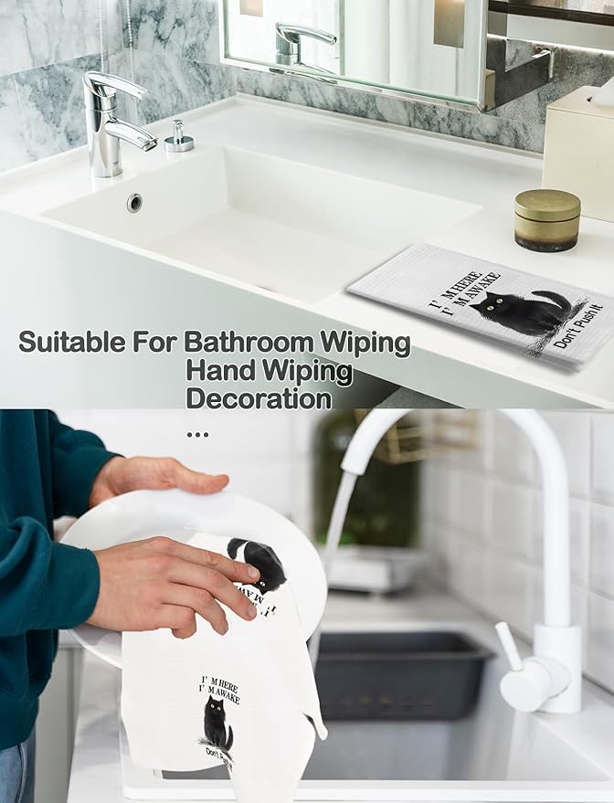 Funny Black Cat Kitchen Towels, Cat Lover Mom Lady Gifts Hand Towels for Bathroom Decor, Cute Black Kitty Kitten Decorative Dish Tea Towels for Kitchen, 16x24 Inch