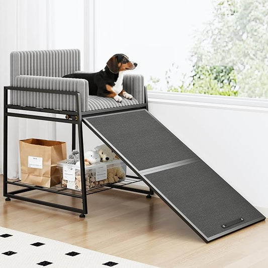 Pet Stairs Ramp with Seat,Dog Window Perch with Stairs and Storage,Dog Seat with Ramp Steps,Folding Pet Ramp for Dogs Cats,Bunk Bed Chair with Sofa Cushion for Bed Couch Office,Hold Up to 110 lbs