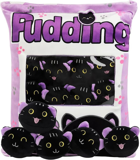 Plush Pillow Throw Pillow, Removable Black Cat Stuffed Animals Plush Toys, Bag of Cat Plushies, Stuffed Cat Plush Pillow Gift for Kids Sofa Chair Decorative Pillow, 8 Cute Black Cat (Purple)