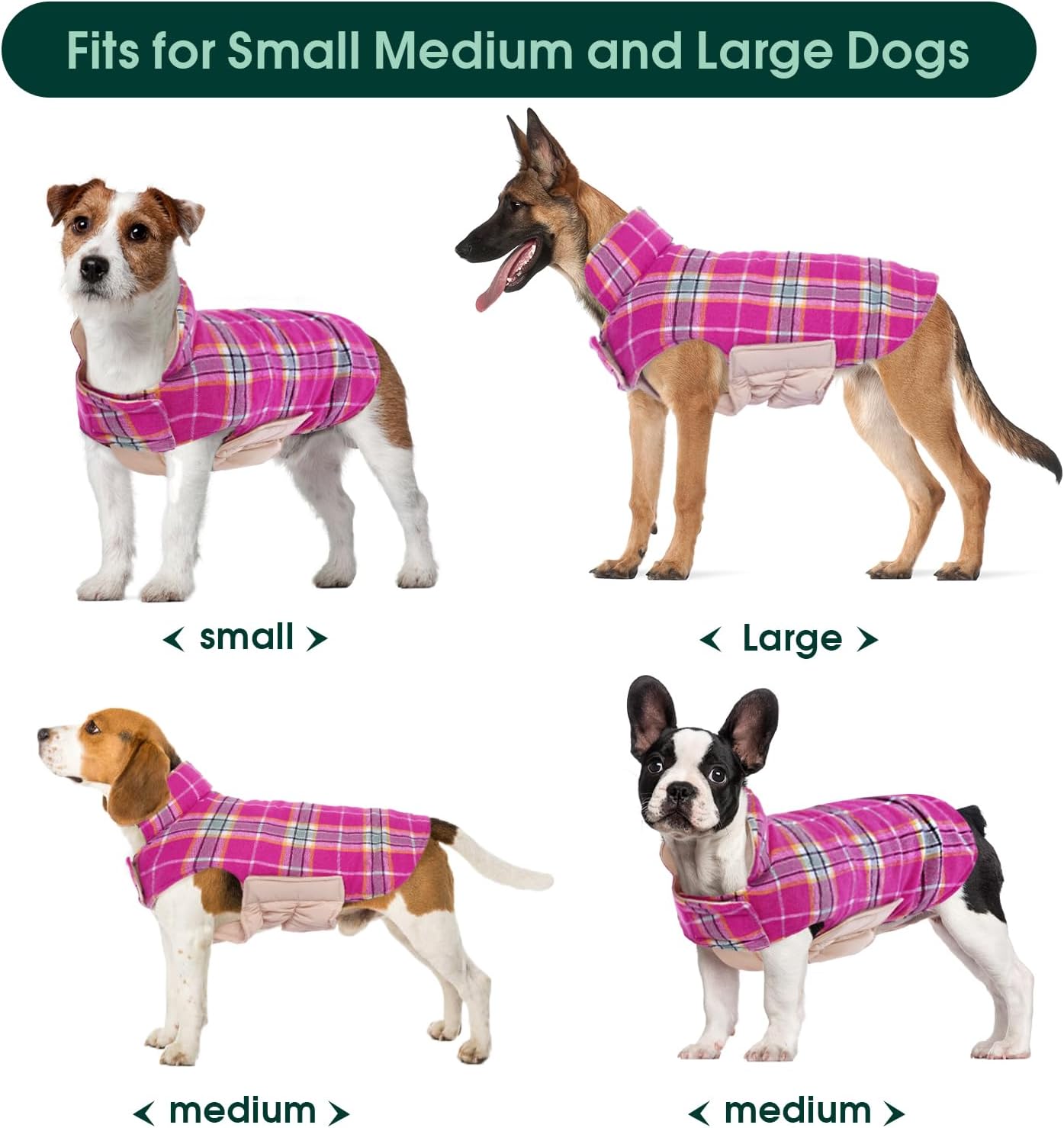 Kuoser Waterproof Dog Coat, Reversible Dog Jacket for Large Dogs, Adjustable Durable Doggie Winter Coat for Groowing Puppies Warm Puppy Cold Weather Apparel, Rose L