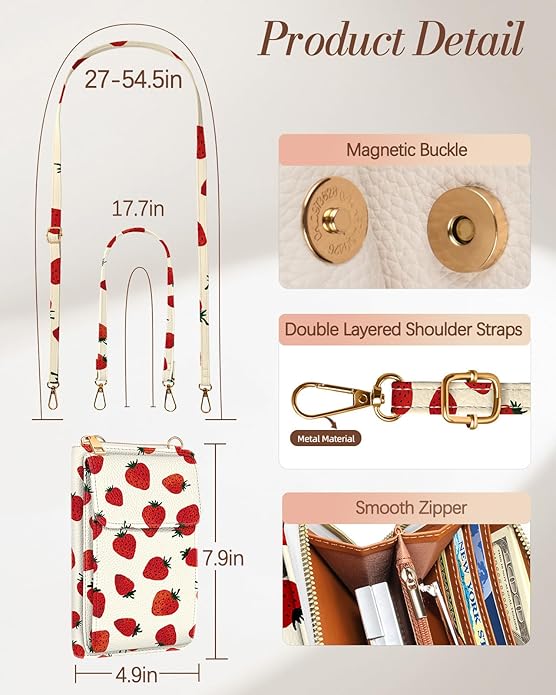 Cute Crossbody Purse Cell Phone Bags for Women - Leather Cellphone Wallet Purse with Handle Rope and Adjustable Shoulder Rope