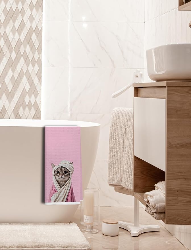 Pink Bathrobe Cat Bathroom Hand Towels, Cat Lover Mom Lady Gifts, Cute Animal Kitty Kitten Decorative Hand Towels for Bathroom, Funny Cats Kitchen Towels, 16x24 Inch