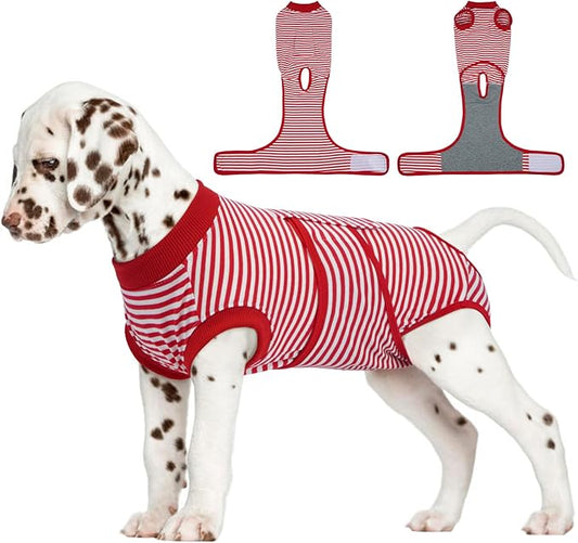 FUAMEY Dog Recovery Suit Male,Dogs Surgery Neuter Suits Puppy Spay Shirts for Female Protect Dog's Skin Anti Licking Abdominal Wounds Doggie Onesie Pet Bodysuit Alternative to Cone Red Stripes XS