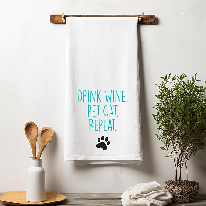 Chris's Stuff Kitchen Dish Towel - Flour Sack Cotton Dishcloth - Highly Absorbent - 27 x 27 Inches for Wine Lovers - Funny Quote Therapy (Drink Wine. Pet Cat. Repeat)