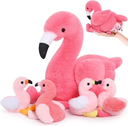 MorisMos Plush Flamingo Stuffed Animal-18 Inch Mommy Stuffed Flamingo with 4 Baby Bird Plush Toys Inside Zipper Tummy, Pink Bird Stuffed Animals Gift for Girl Women Decor Birthday Christmas Valentines